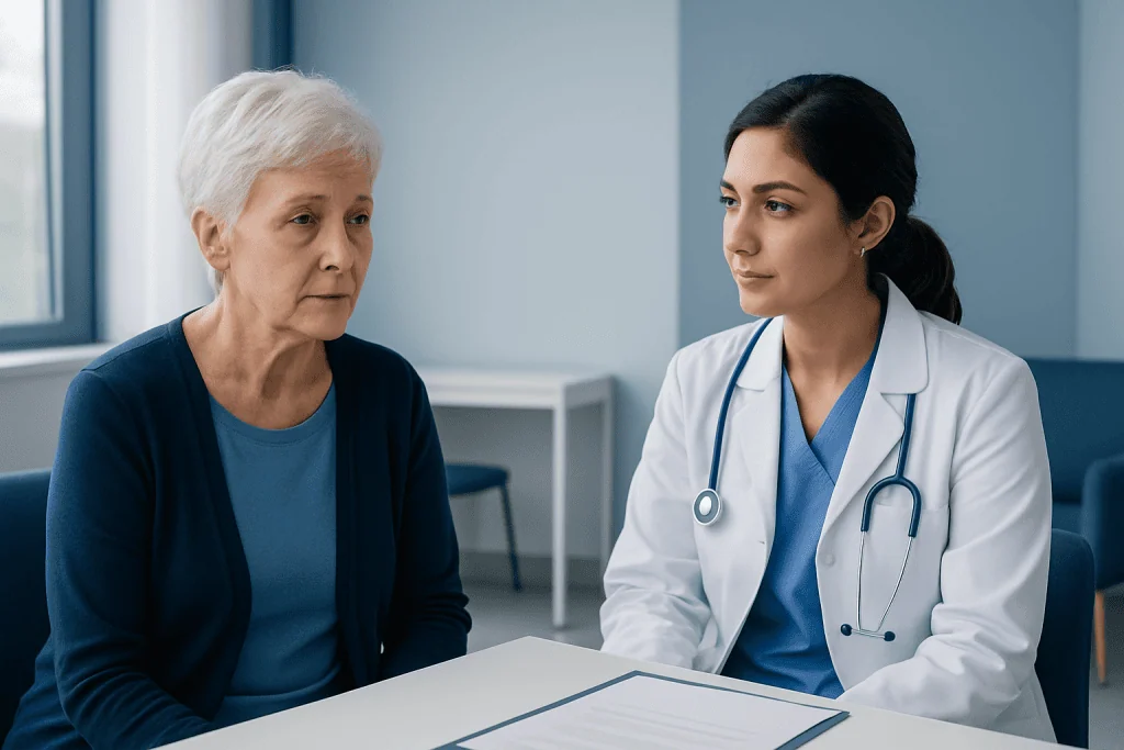 Doctor consulting with an elderly woman in a medical office.