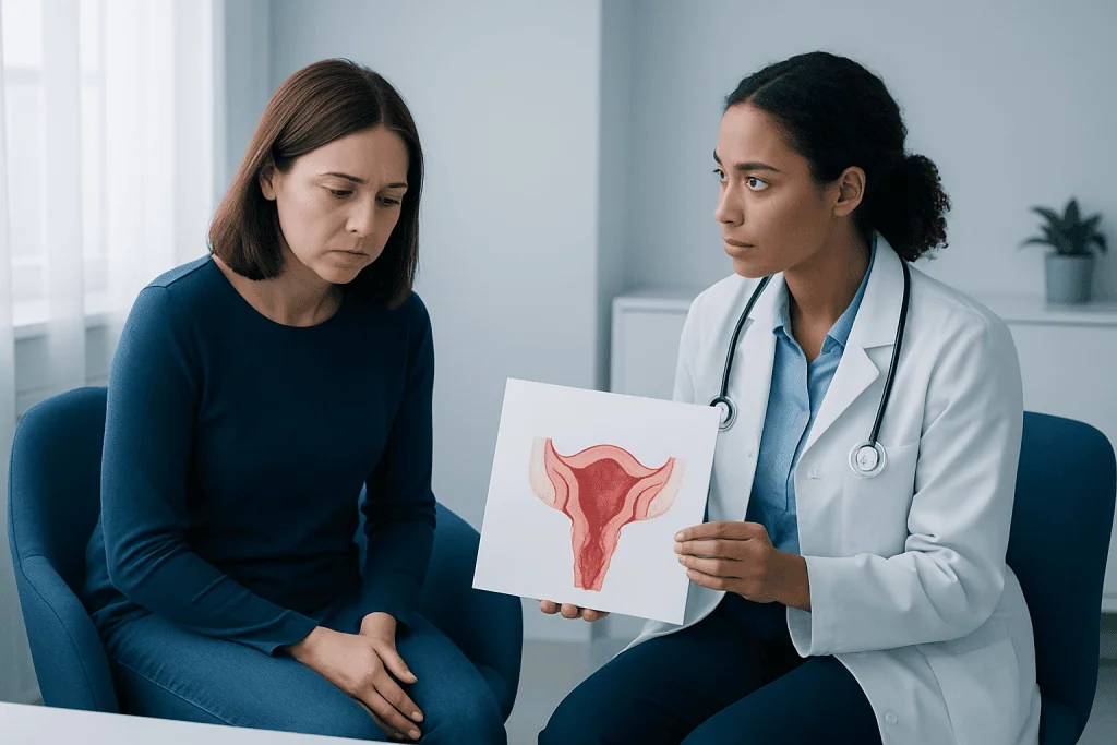 Doctor explaining uterine health to patient with anatomical diagram.