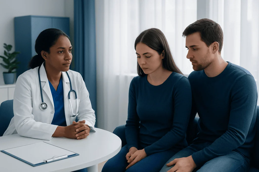 Doctor consulting with a woman and man about health concerns in a medical office.