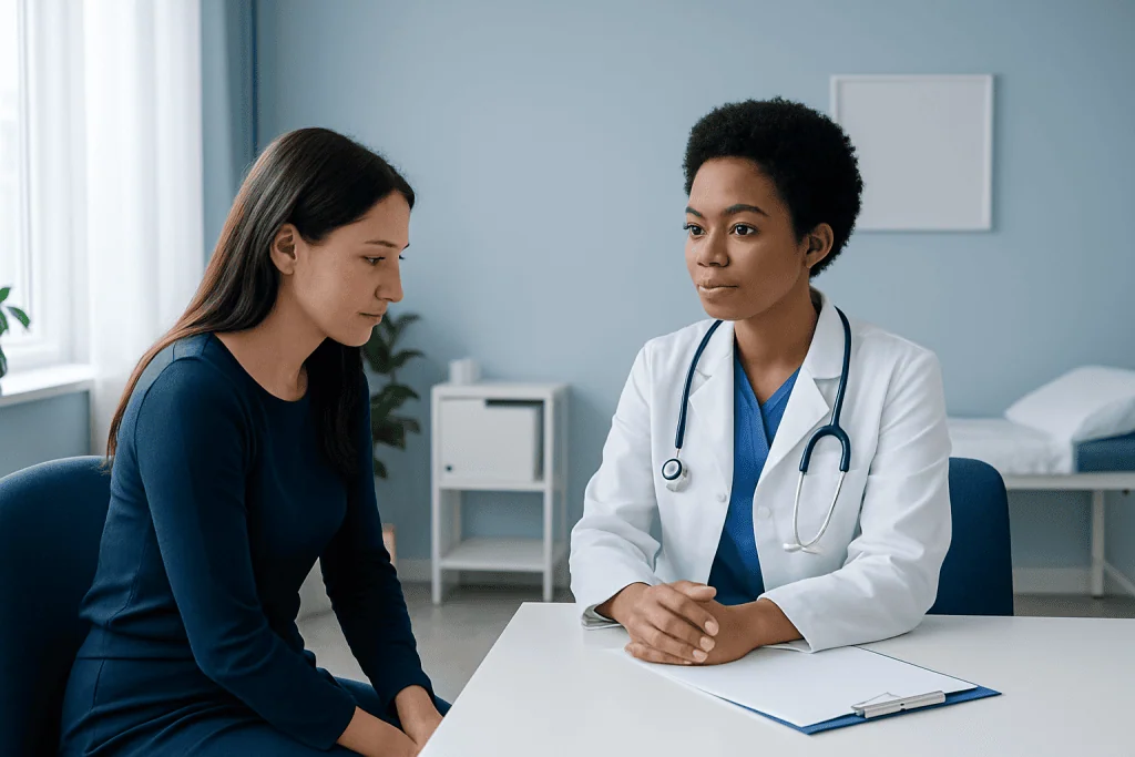 Doctor consulting with a patient in a medical office setting.