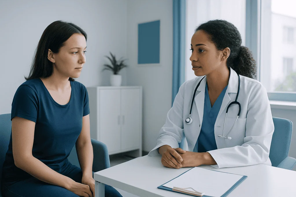 Doctor consulting with a young female patient in a medical office.