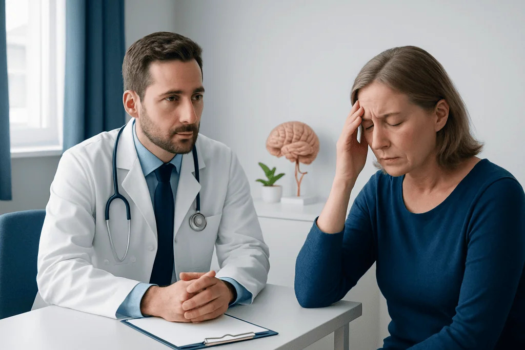 Doctor consulting with a woman experiencing headache symptoms in a medical office.