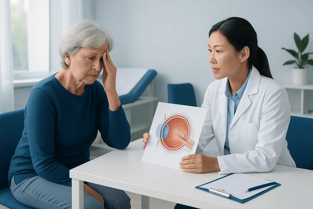 Patient consulting with neuro-ophthalmologist about eye health and vision issues.