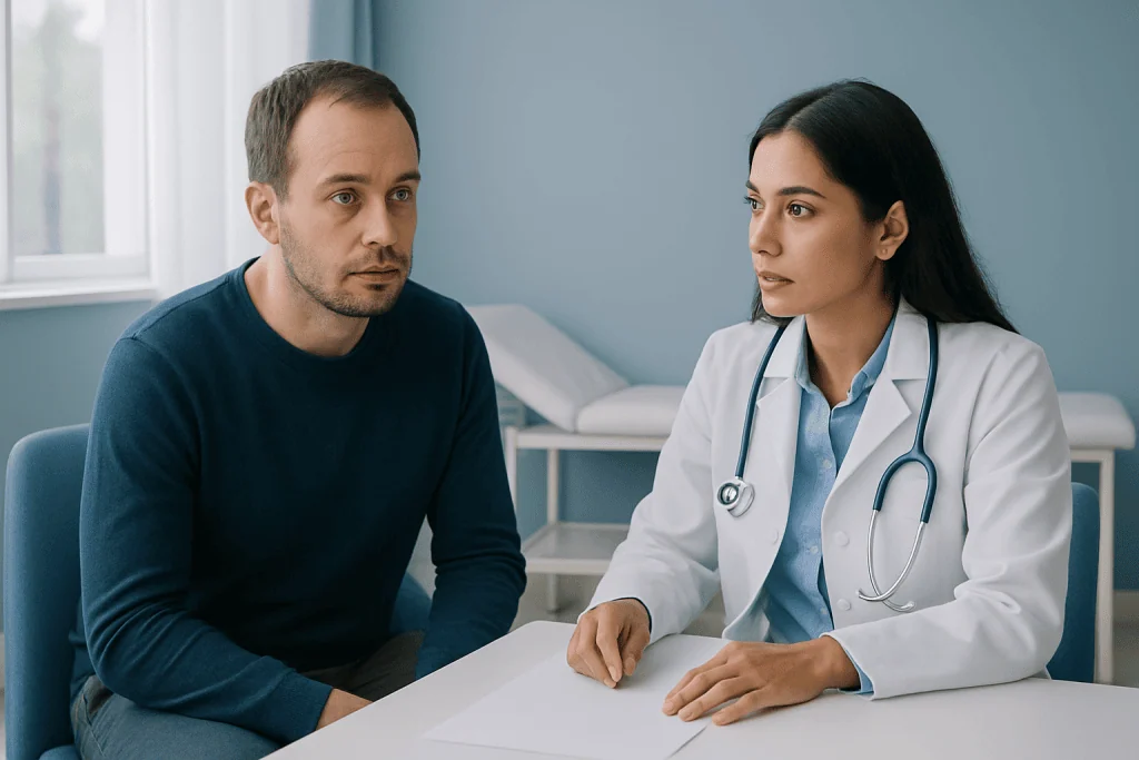 Doctor consulting with male patient in a medical office setting.