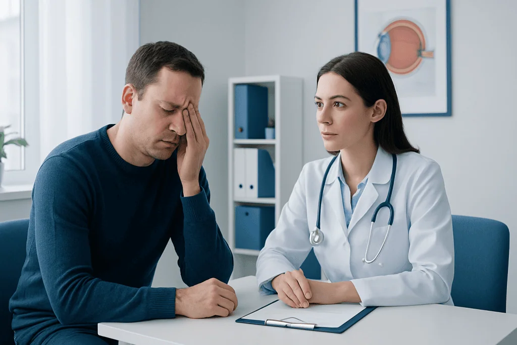 Patient experiencing eye pain consults with doctor in clinic.