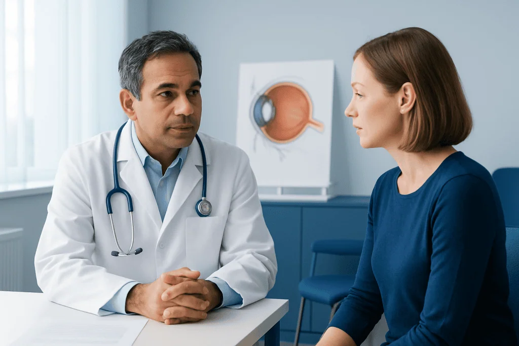 Ophthalmologist consulting with a patient about optic nerve health.