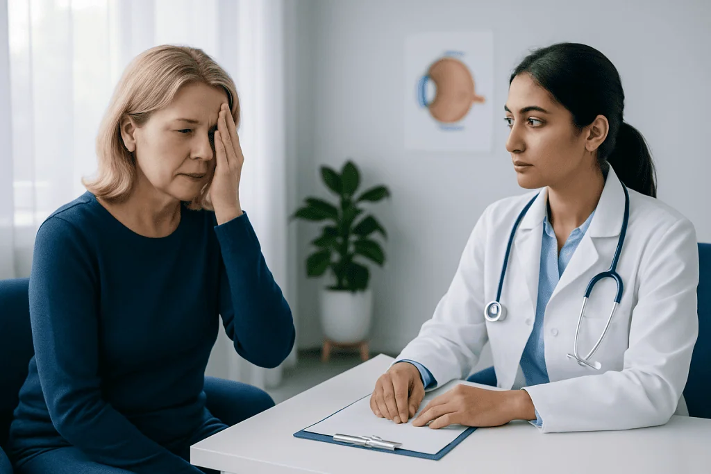Neuro-ophthalmologist consulting with patient about eye movement disorder.
