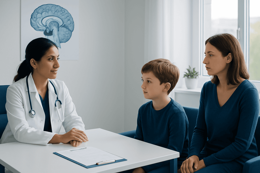 Doctor consulting with a young boy and his mother in a medical office.
