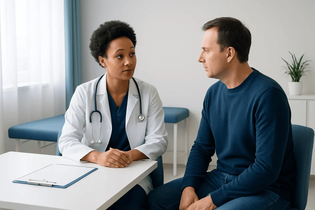 Doctor consulting with male patient about eye health and pupil issues.