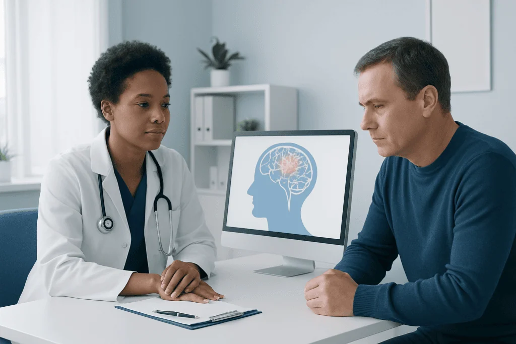 Doctor and patient discussing brain health in a medical consultation.