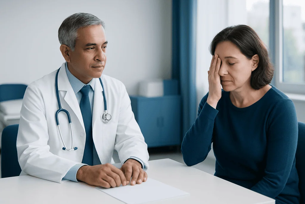 Doctor consulting with a woman experiencing visual field loss.