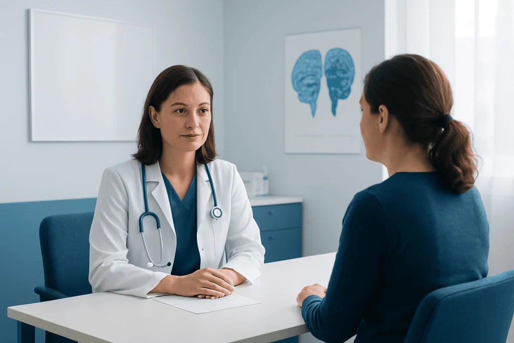 Doctor consulting patient in a medical office with brain scan images on the wall.