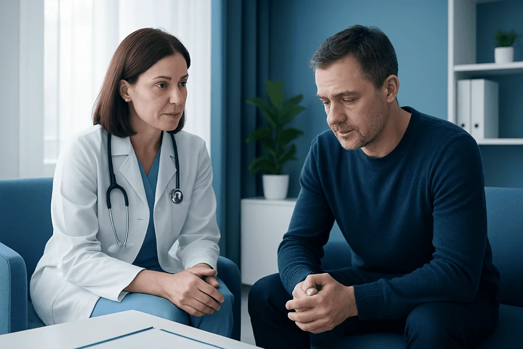 Doctor consulting a male patient in a medical office setting.