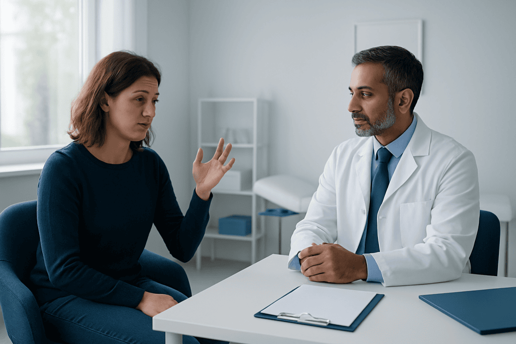 Doctor consulting with a patient about neurological symptoms in a clinic.