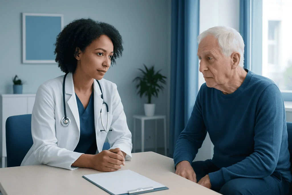 Doctor consulting with elderly patient in a medical office.