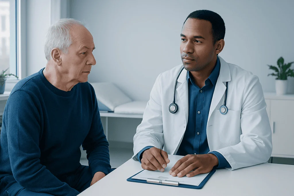 Doctor consulting with an elderly patient in a medical office setting.
