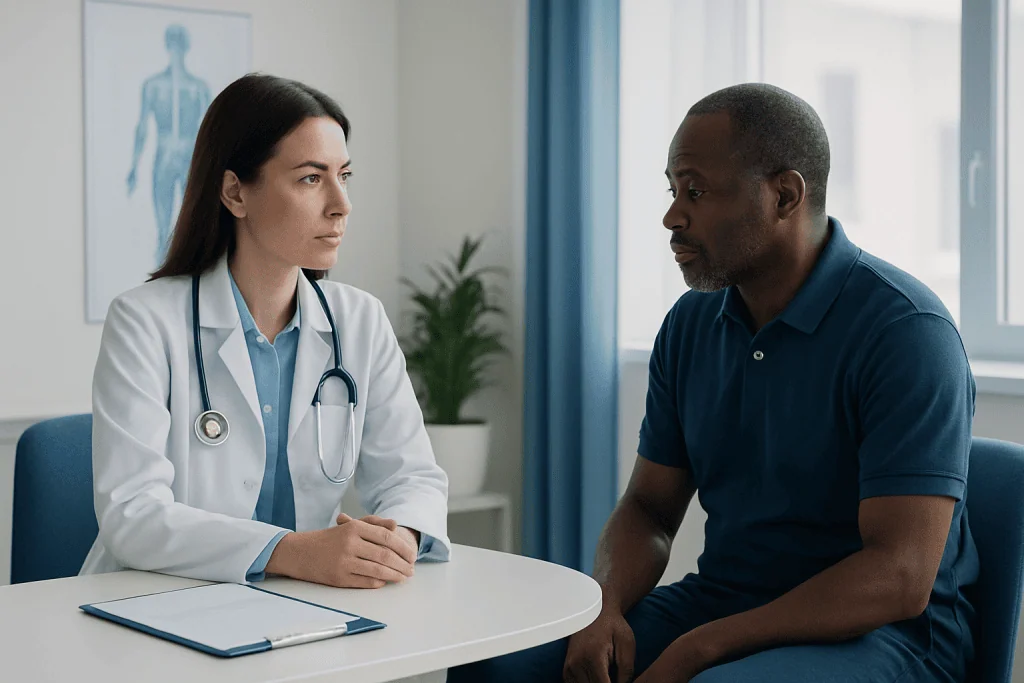 Doctor consulting with patient in a medical office setting.