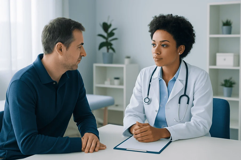 Doctor consulting with patient about neurological sleep apnea symptoms.