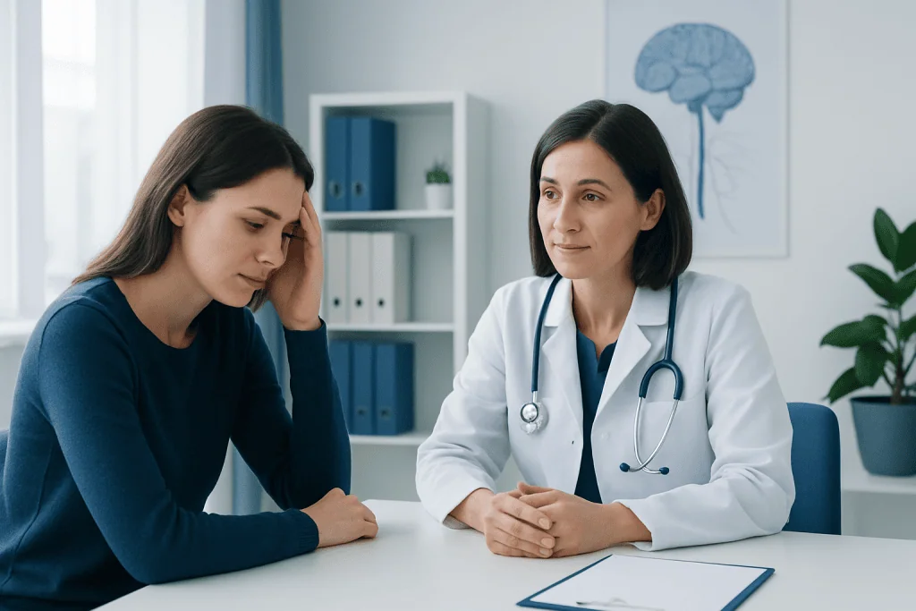 Doctor consulting with a patient about neurological symptoms in a clinic setting.