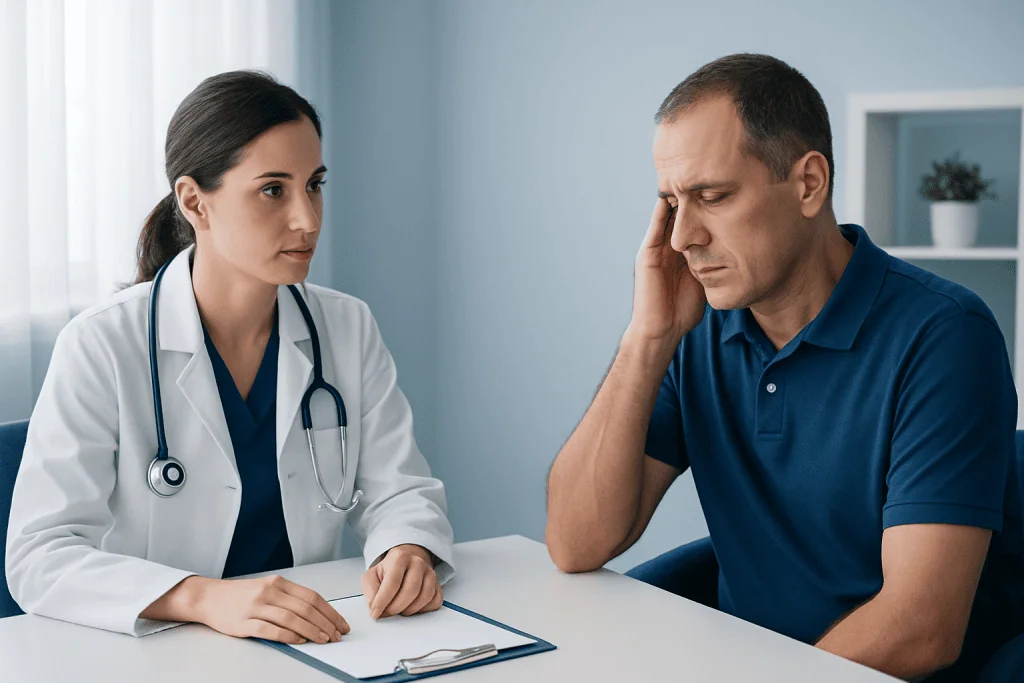 Doctor consulting patient about eye movement issues and double vision.