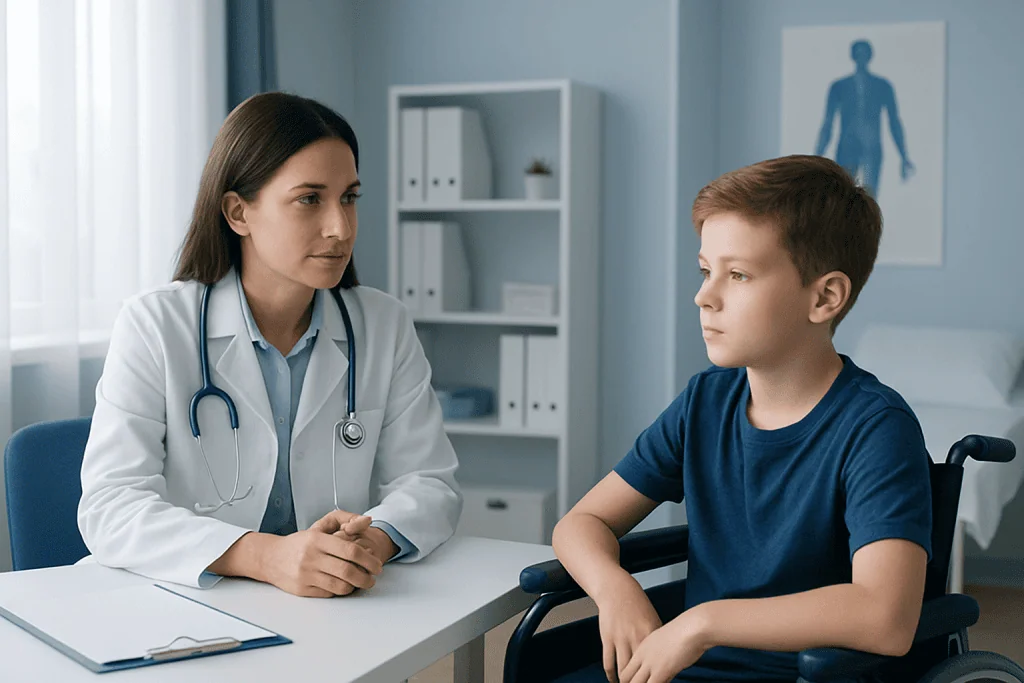 Doctor consulting with a young boy in a medical office.