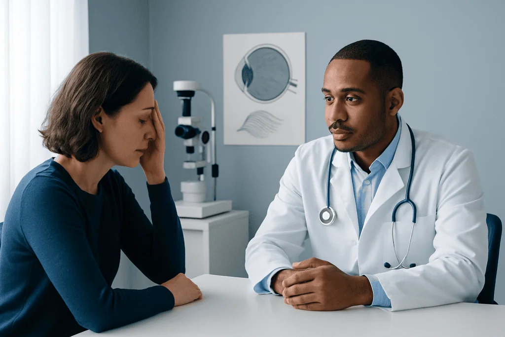 Doctor consulting with a patient about eye health in a clinical setting.