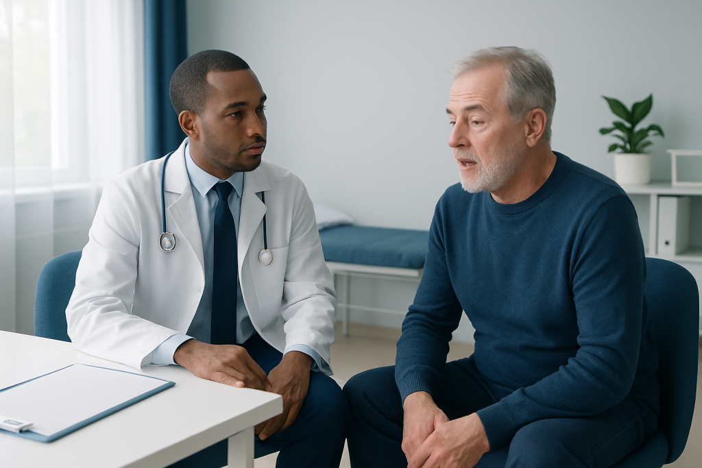 Doctor consulting with an older male patient in a medical office.