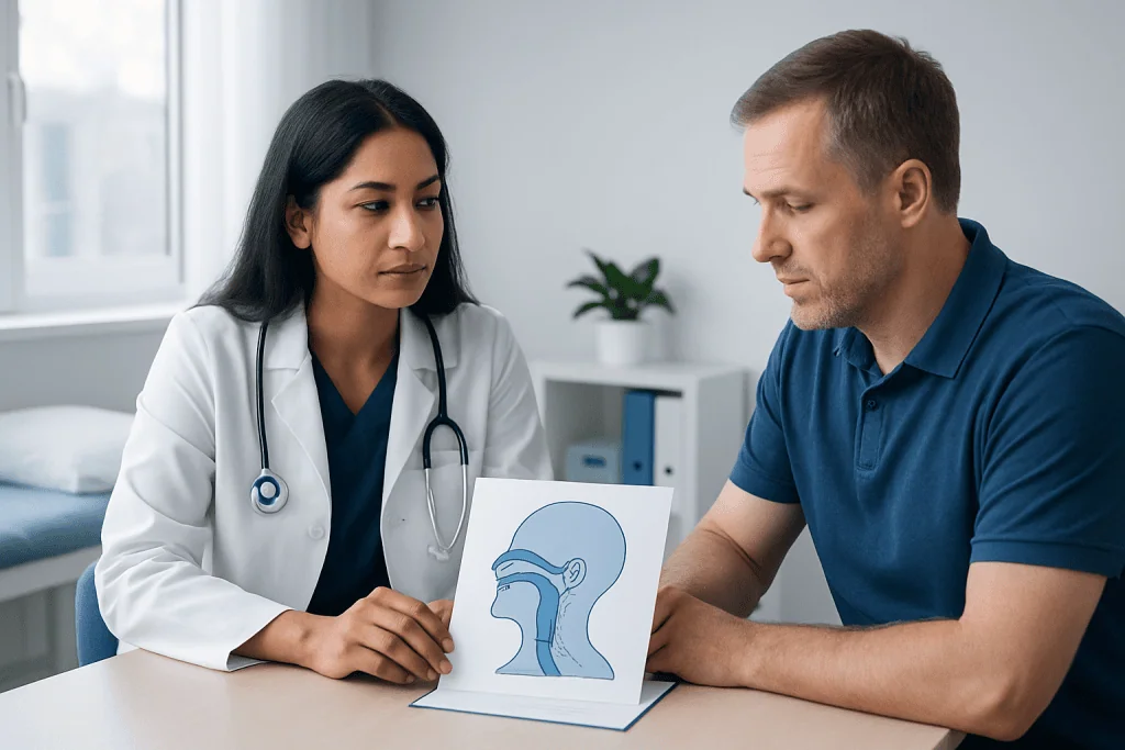 Doctor explaining sleep apnea to patient with diagram of airway.
