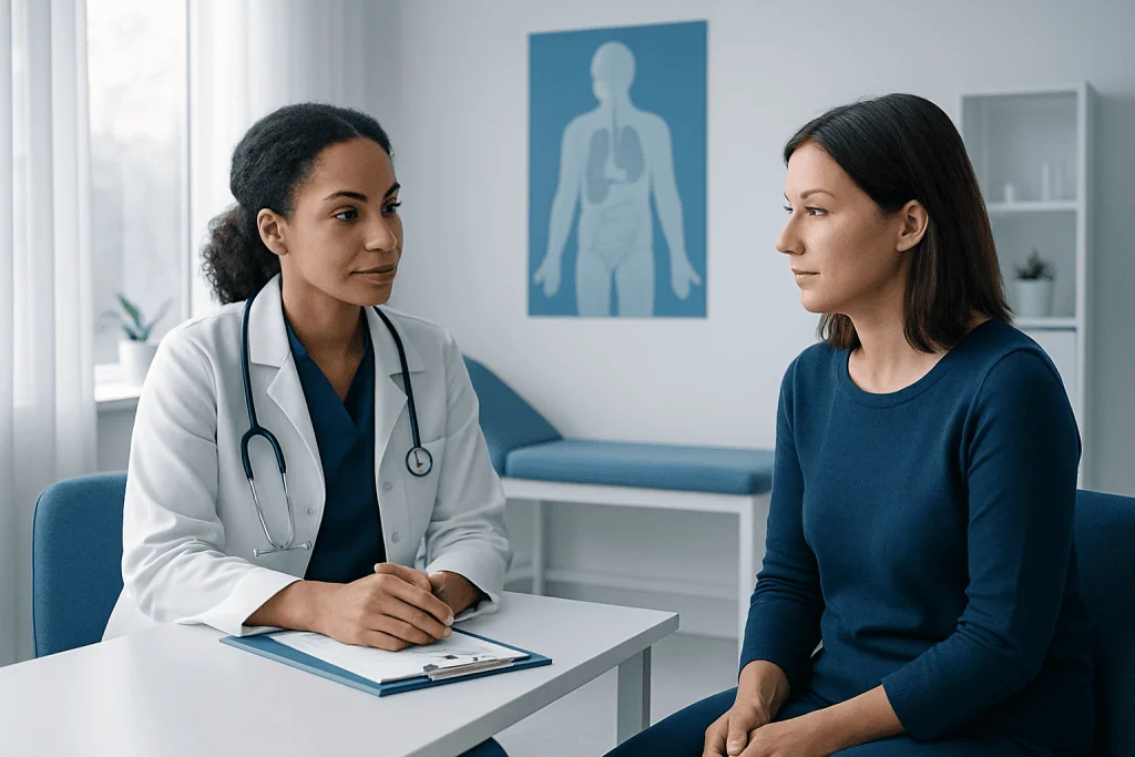 Doctor consulting with patient in a medical office setting.