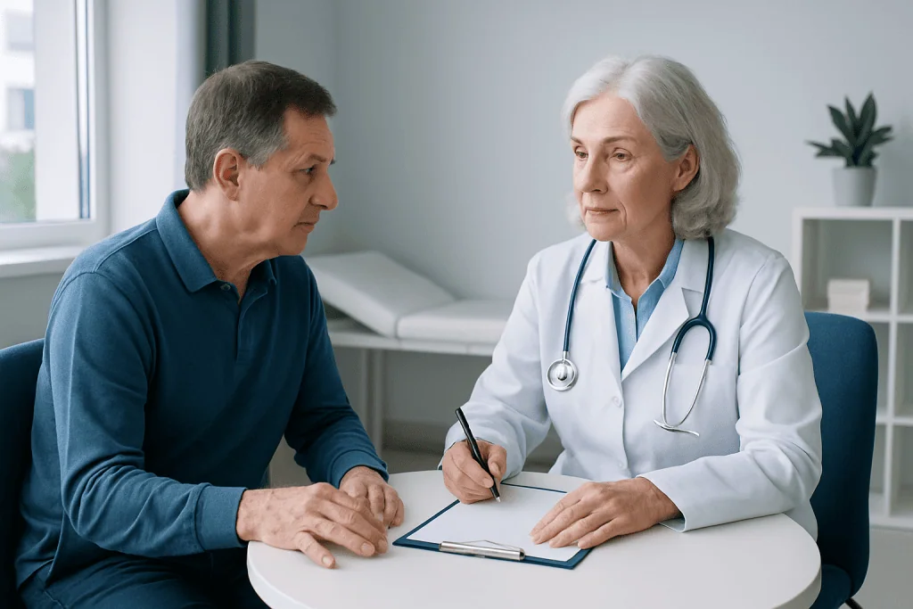 Doctor consulting with an elderly patient about movement disorders.