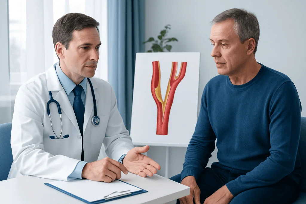 Doctor explaining carotid artery health to patient in clinic.