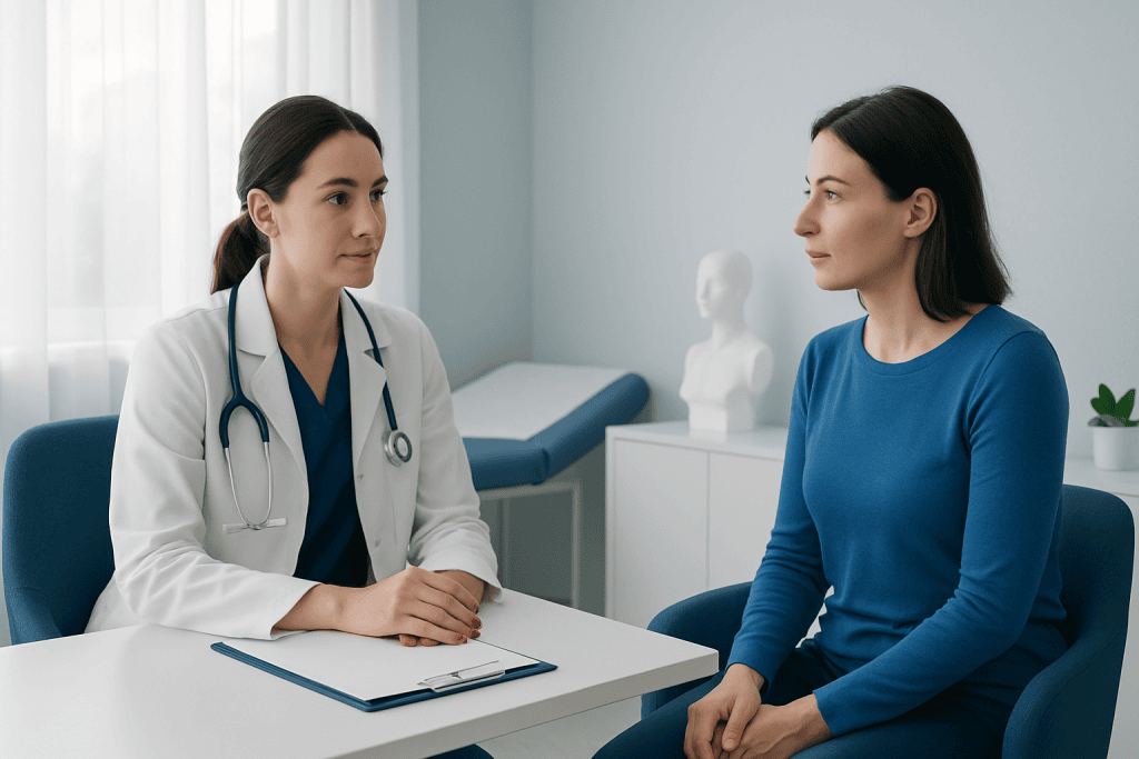 Doctor consulting a patient in a modern medical office setting.