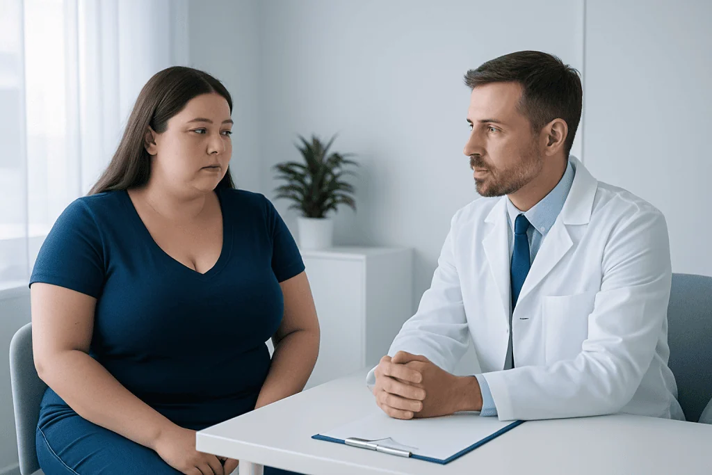 Doctor consulting with a woman patient about breast health or reduction options.