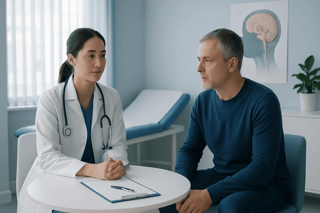 Doctor consulting patient in a medical office with brain diagram in background.
