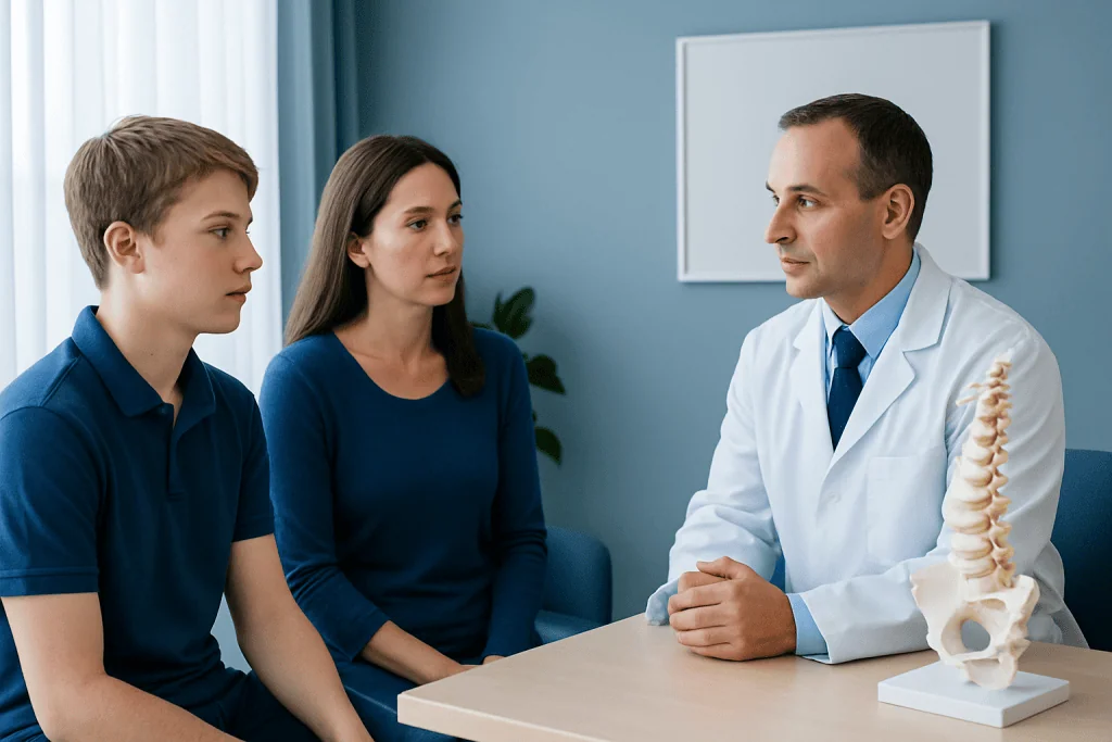 Doctor discussing scoliosis treatment options with a teenage patient and parent.