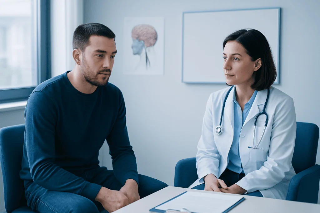 Doctor consulting with a young male patient in a medical office.
