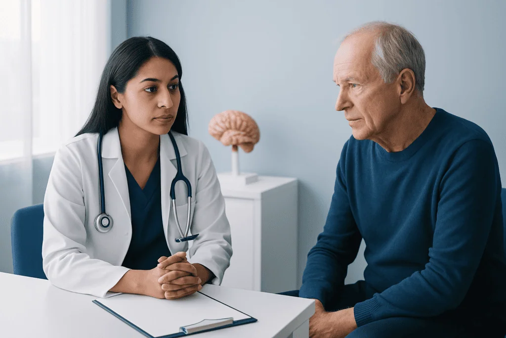 Doctor consulting with an elderly patient about brain health in a medical office.