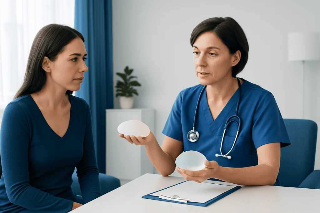 Doctor explaining breast augmentation options to a patient in a consultation.