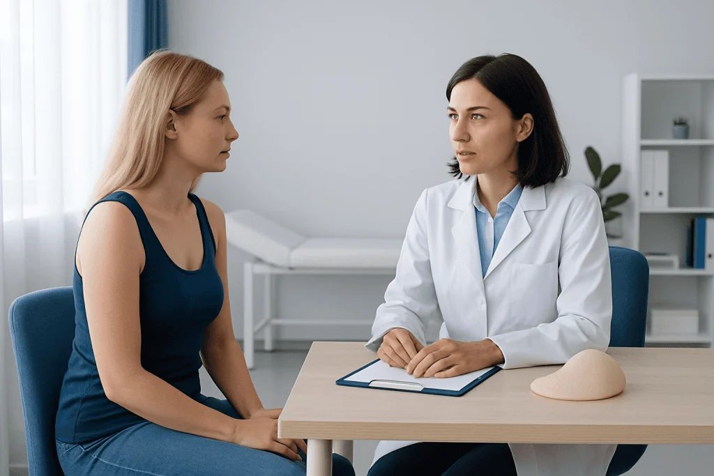 Doctor consulting with a patient about breast reconstruction options after mastectomy.