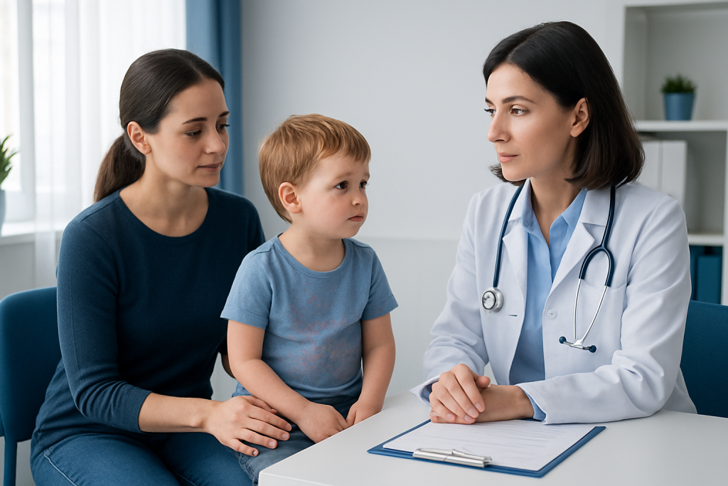 Doctor consulting with mother and child about skin rashes in children.