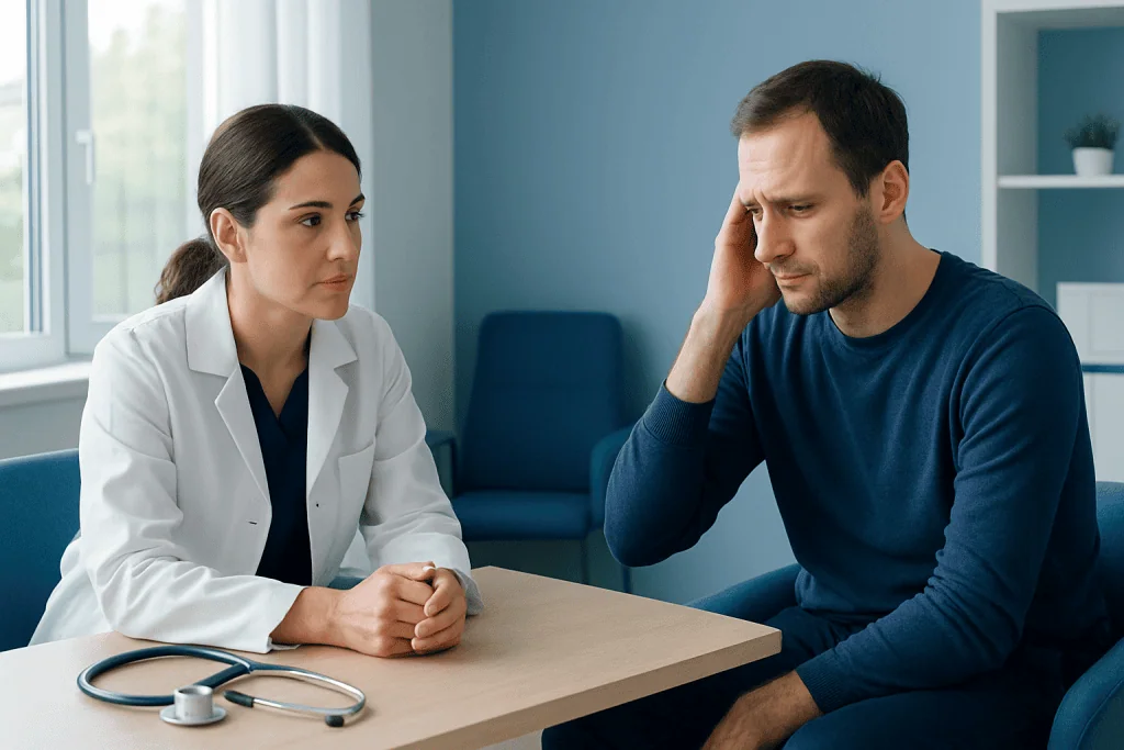 Doctor consulting with a patient experiencing headache or stress symptoms.