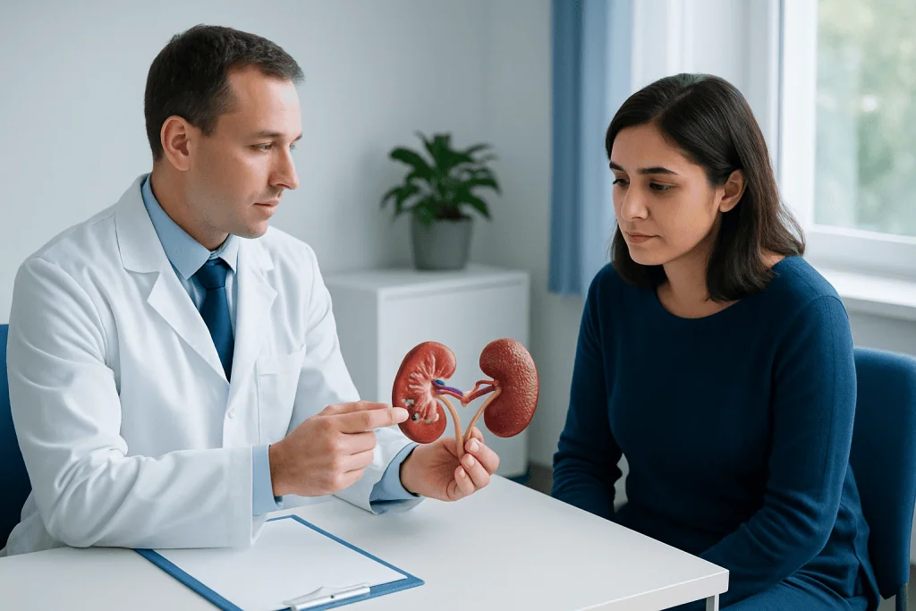 Doctor explaining kidney transplant risks to a patient with a model of kidneys.