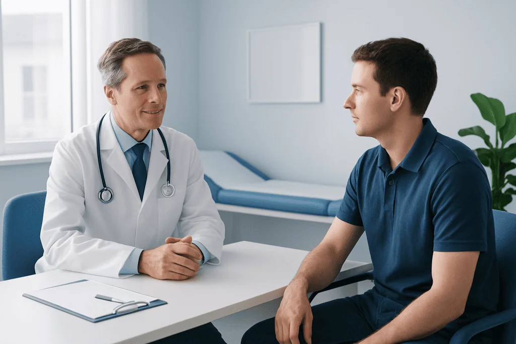 Doctor consulting patient in a modern hospital room.