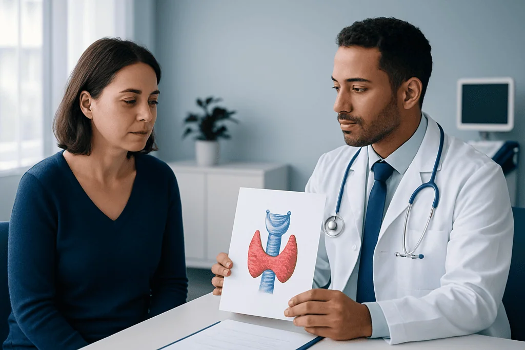 Doctor explaining thyroid diagram to patient in a consultation room.