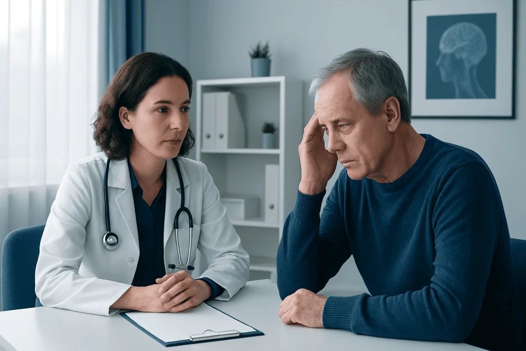 Doctor consulting with an older male patient about health concerns.