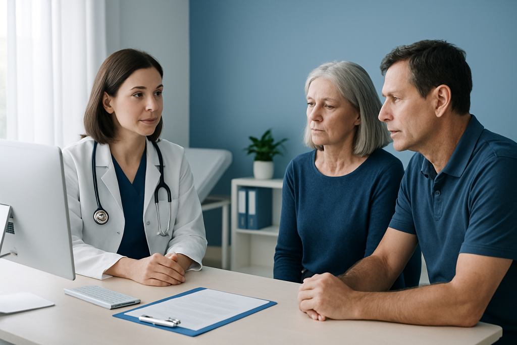Doctor consulting with elderly female patient and her partner in a medical office.