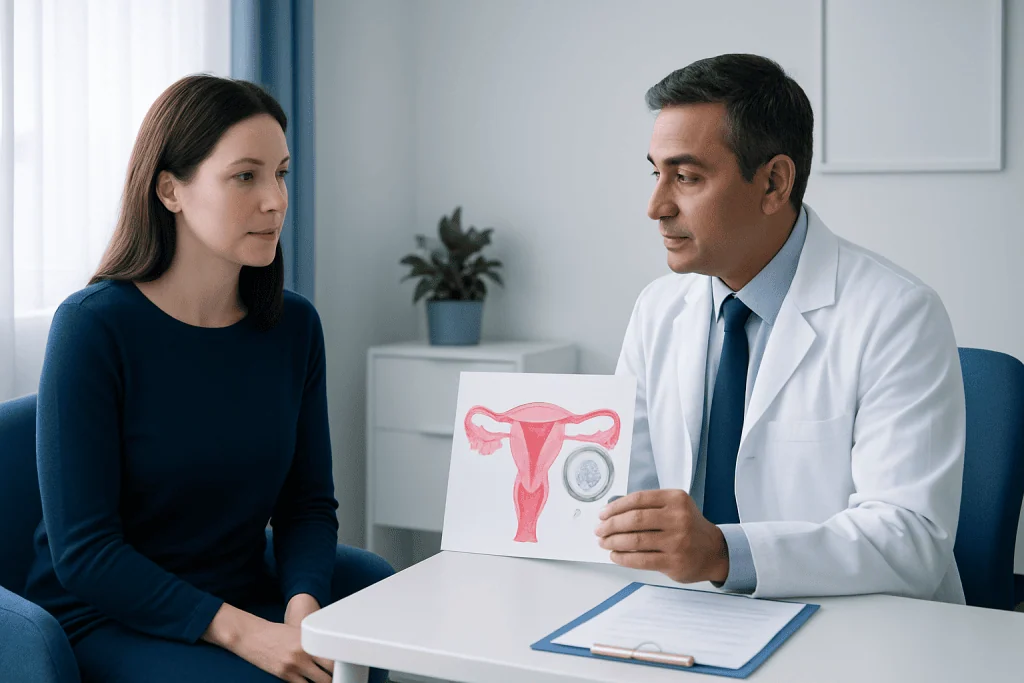 Doctor explaining uterine health to a patient in a consultation room.