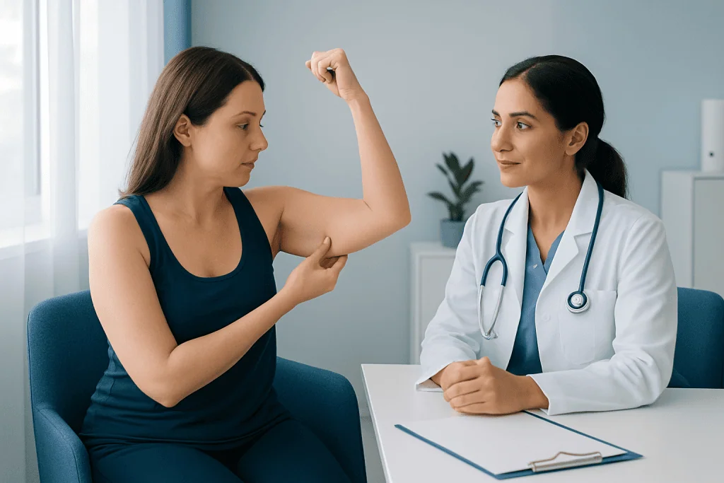 Doctor examines woman's arm after arm lift surgery consultation.