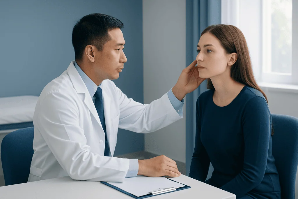 Doctor examining woman's face for cheek augmentation options at Acibadem Hospital.