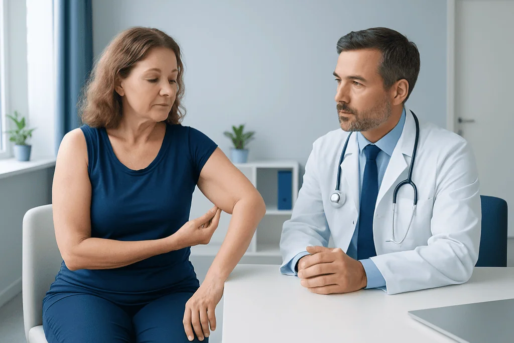 Doctor consulting with a middle-aged woman about arm lift surgery options.